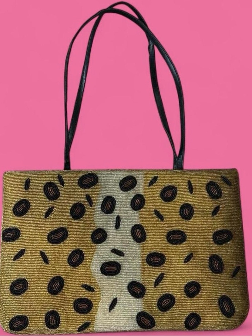 Gold Beaded Leopard-Print Tote with Cream Stripe
